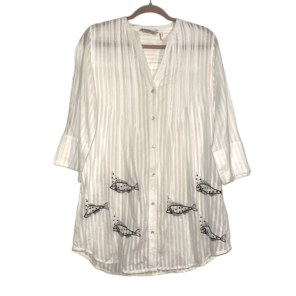 Soft Surroundings Fish Embroidered Half Sleeve Button Down White Tunic SMALL